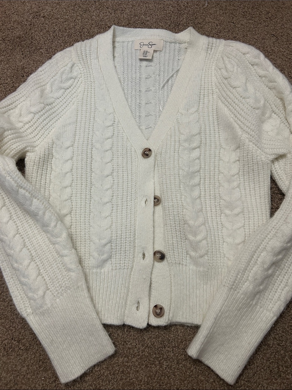 Jessica Simpson Cream Cable-Knit V-Neck Button Cardigan